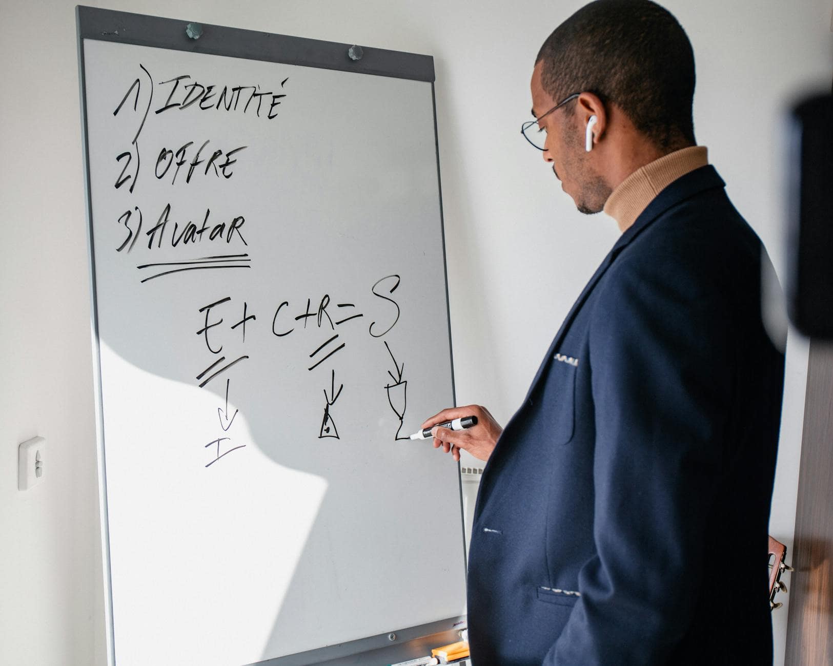 man in suit writing on whiteboard